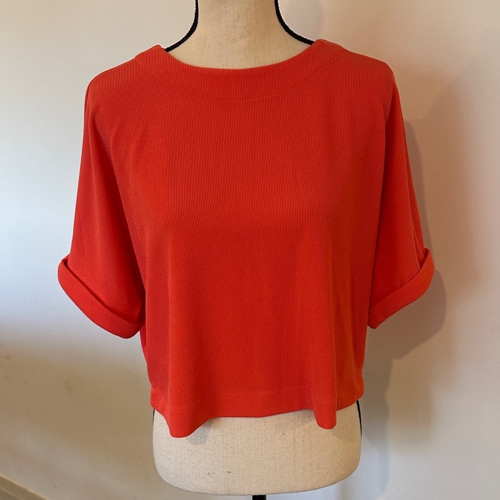 Adrianna Papell Coral Orange Oversized Cap Sleeve Crop Top Ribbed Small Buttons